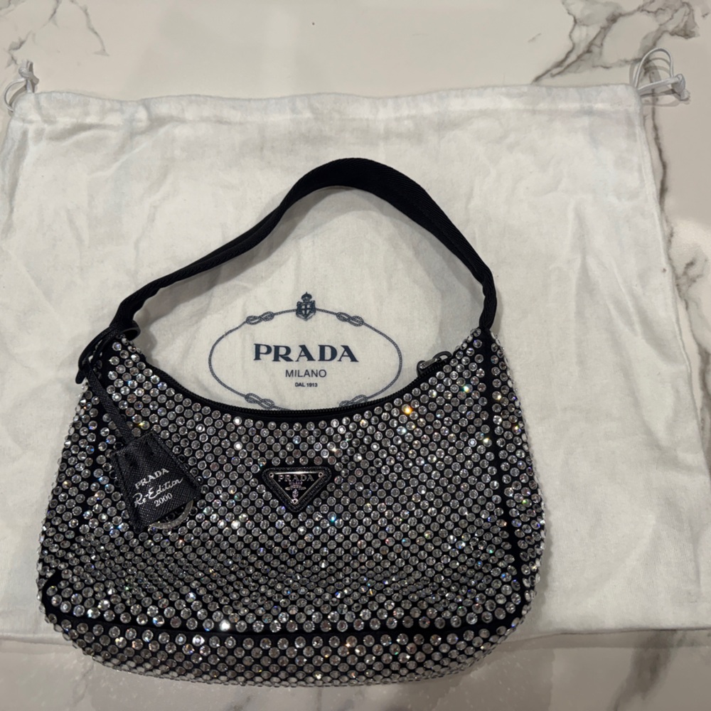 Prada Re-edition Black Crystal-Studded Shoulder Bag